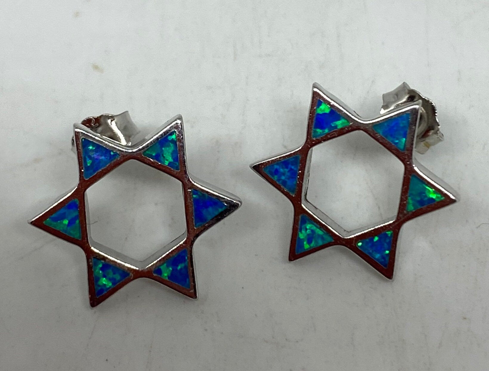 Vintage Blue Opal Star of David Earrings 925 Sterling Silver Stud button