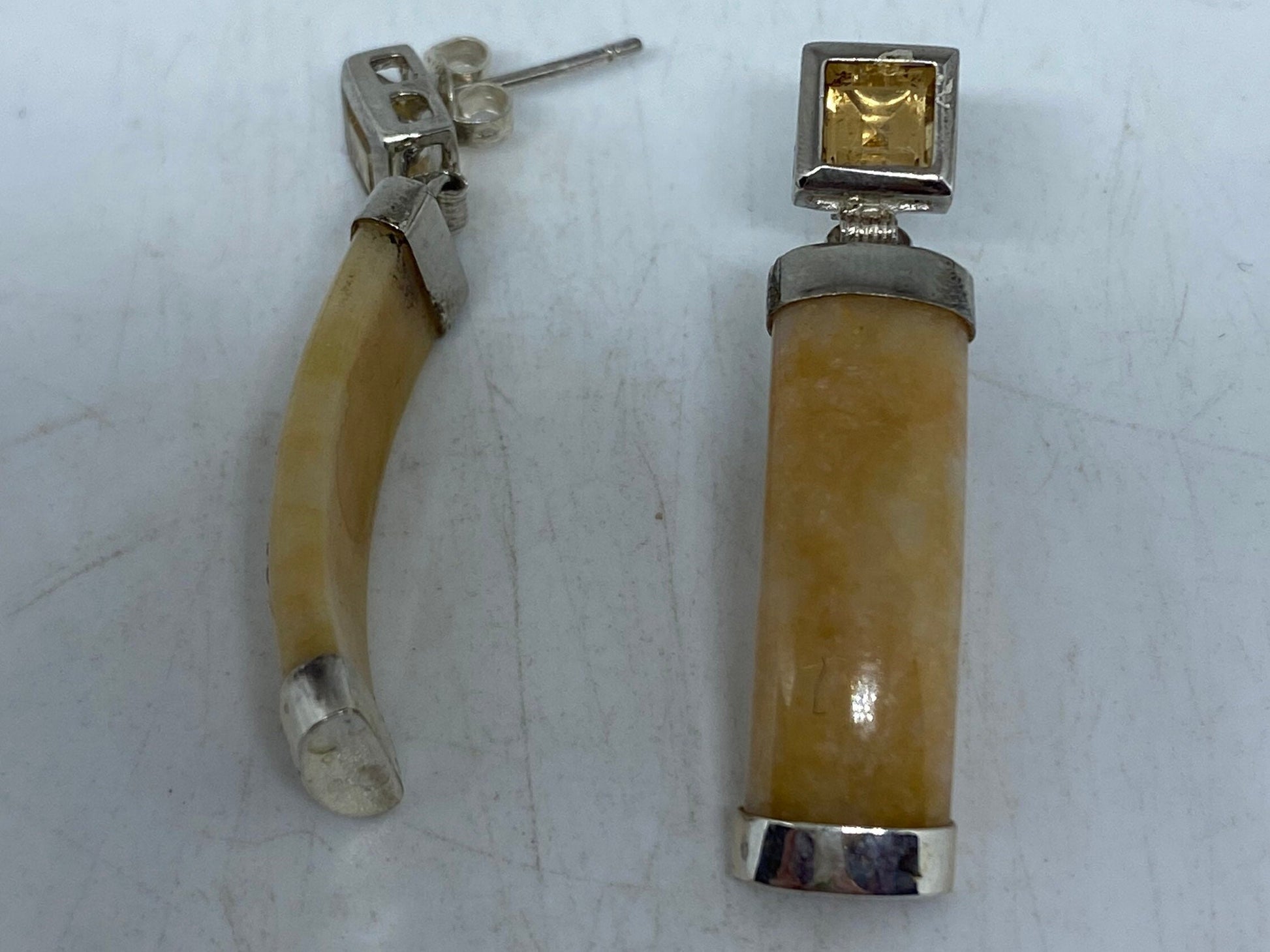 Vintage Genuine Yellow Yellow Jade and Citrine Gemstone Silver Earrings