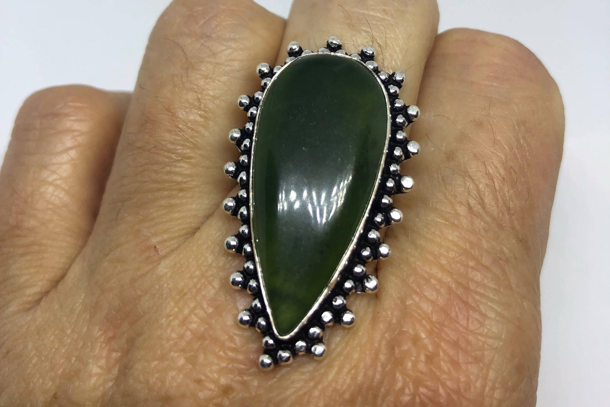 Vintage Green Nephrite Jade Ring About an Inch Long Knuckle Ring