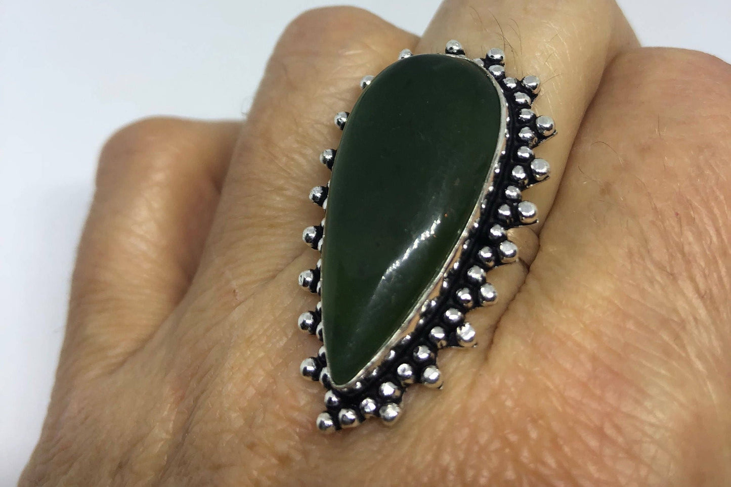 Vintage Green Nephrite Jade Ring About an Inch Long Knuckle Ring