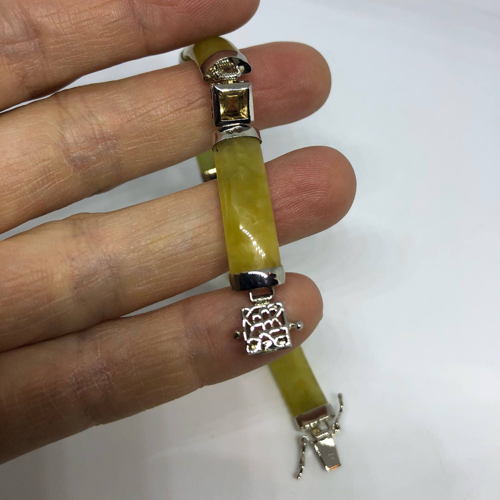 Vintage Handmade Mosaic of Golden Citrine and Yellow Jade in 925 Sterling Silver Bracelet