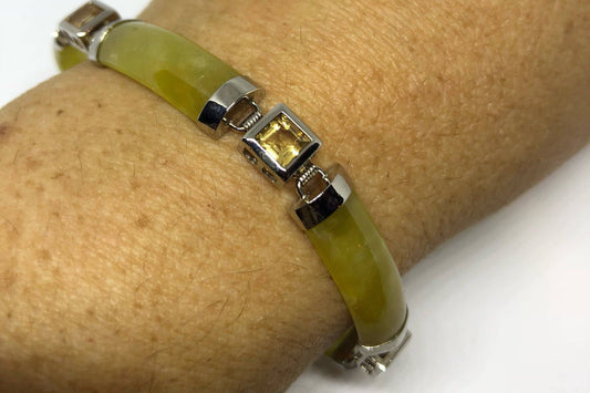 Vintage Handmade Mosaic of Golden Citrine and Yellow Jade in 925 Sterling Silver Bracelet