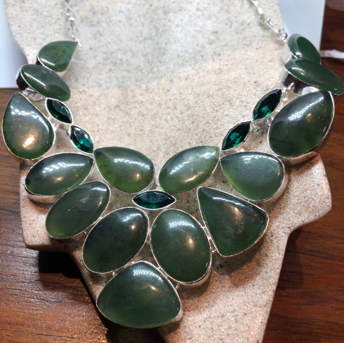 Green Handmade Gothic Styled Silver Finished Genuine Facetted Antique Glass and Nephrite Jade Collar Bib Necklace