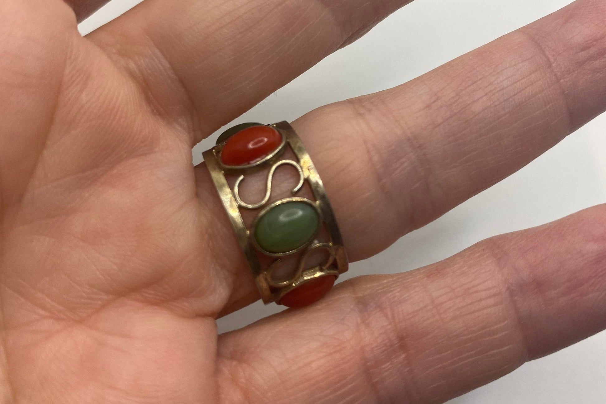 Vintage Red Jade wedding Band 925 Sterling Silver Eternity Ring