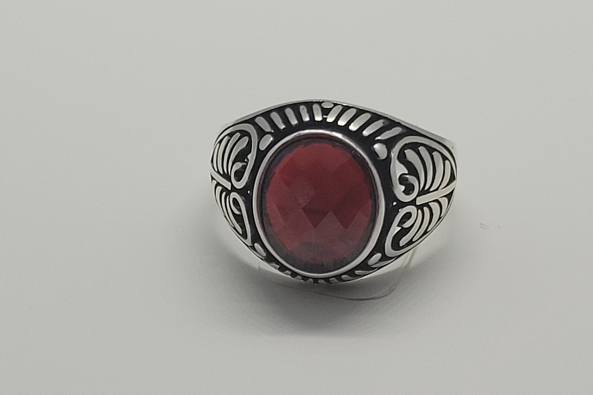 Vintage Ruby Glass Mens Ring in 925 Sterling Silver Persian Styled with Ruby Glass