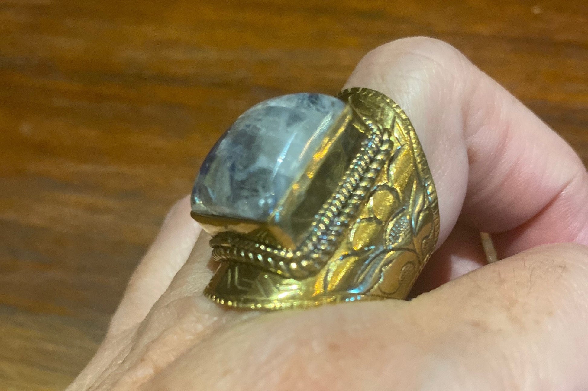 Vintage Large Rainbow Labradorite Stone Brass Ring