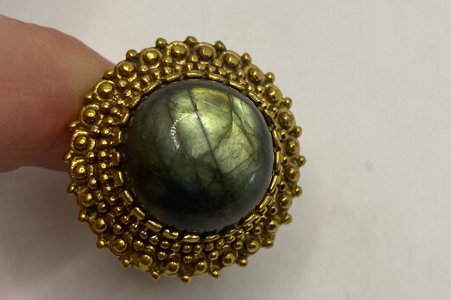 Vintage Large Rainbow Labradorite Stone Brass Ring