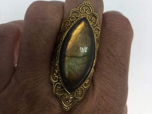 Vintage Large Rainbow Labradorite Stone Brass Ring