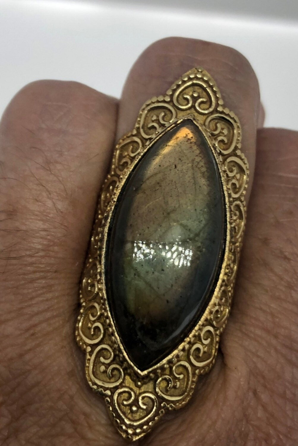 Vintage Large Rainbow Labradorite Stone Brass Ring