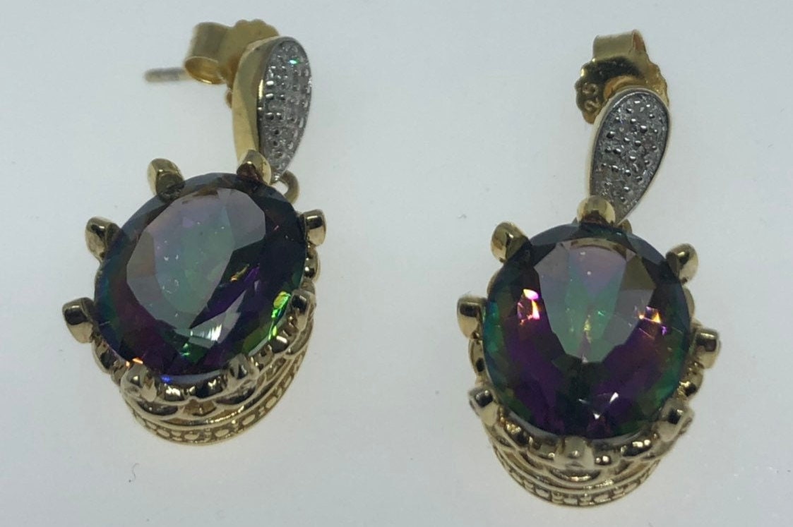 Vintage Handmade Golden 925 Sterling Silver Deep Blue Mystic Topaz Earrings