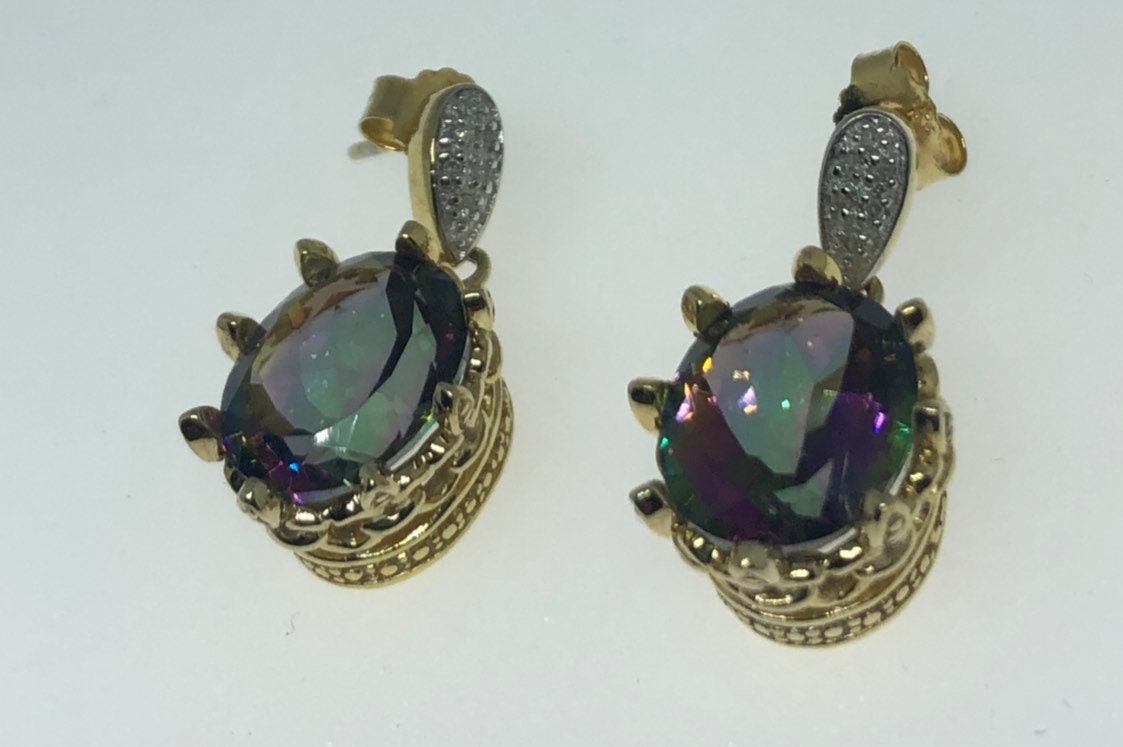 Vintage Handmade Golden 925 Sterling Silver Deep Blue Mystic Topaz Earrings