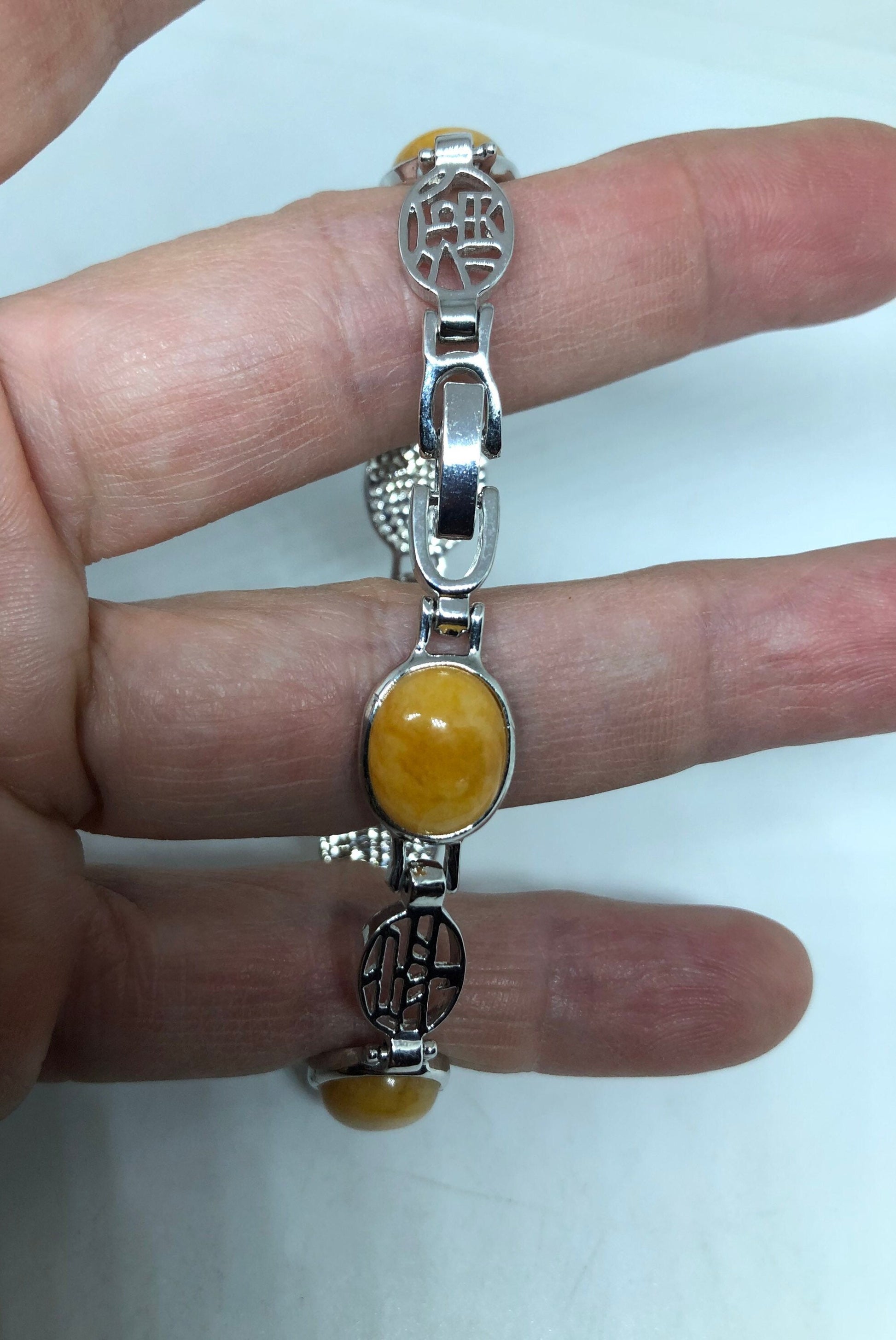 Vintage Yellow Jade Bracelet Silver Lucky Chinese Calligraphy Words