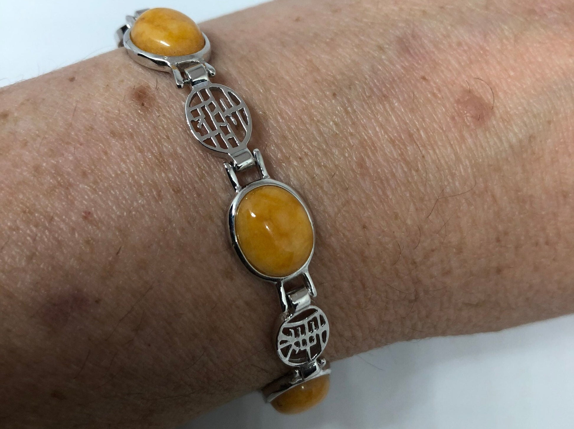 Vintage Yellow Jade Bracelet Silver Lucky Chinese Calligraphy Words
