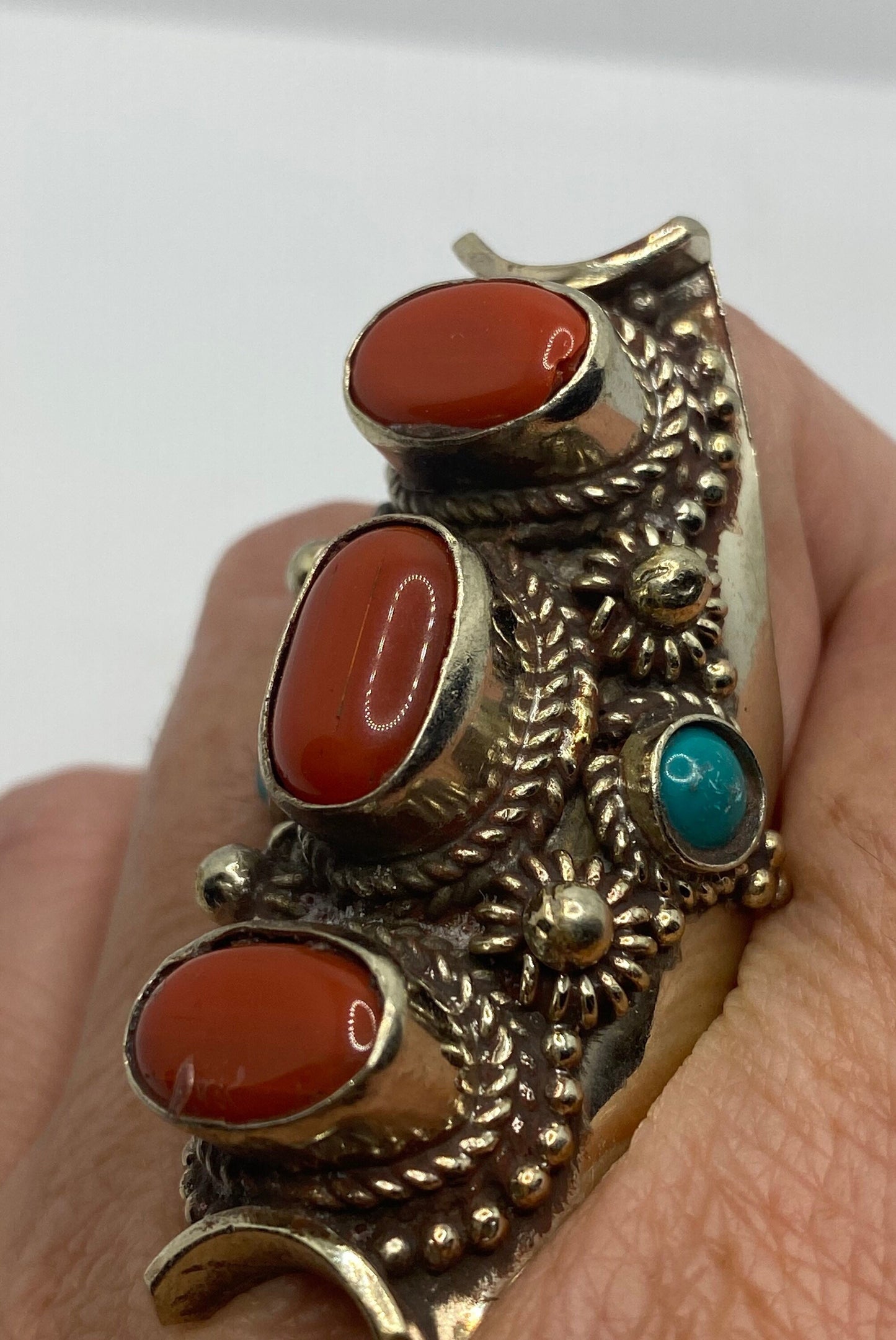 Vintage Red Turquoise Tribal Brass Antique Ring