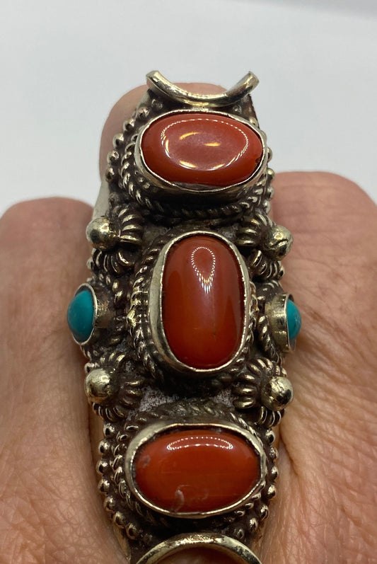 Vintage Red Turquoise Tribal Brass Antique Ring