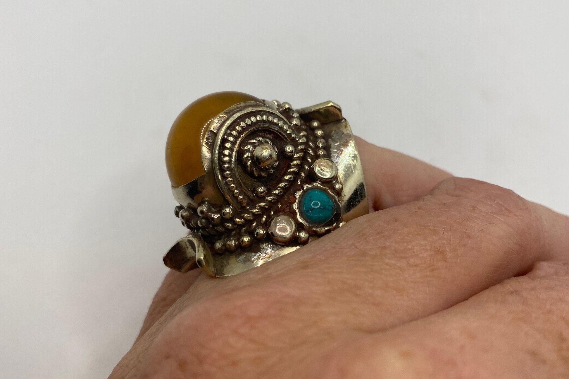 Vintage Yellow Turquoise Tribal Brass Antique Ring