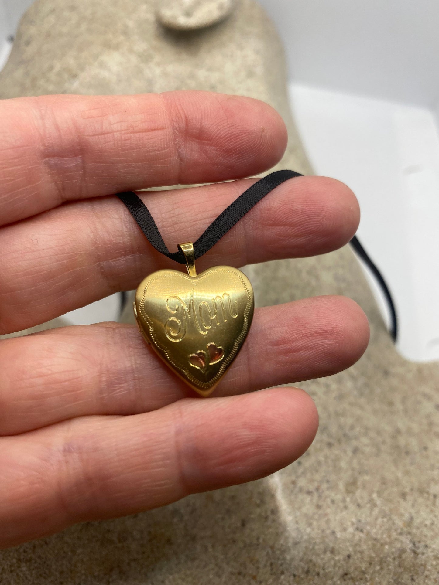 Vintage Gold Locket | Tiny Heart 9k Gold Filled Pendant Photo Memory Charm Engraved "Mom" Hearts | Choker Necklace