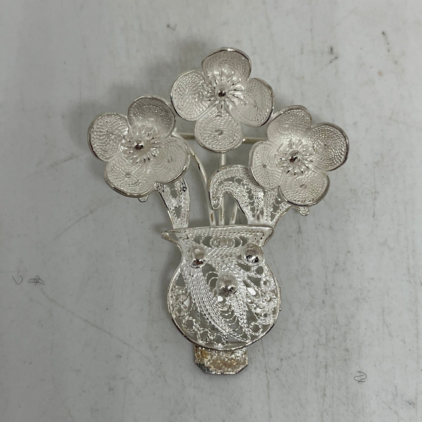 Vintage Filigree Pin 925 Sterling Silver Brooch