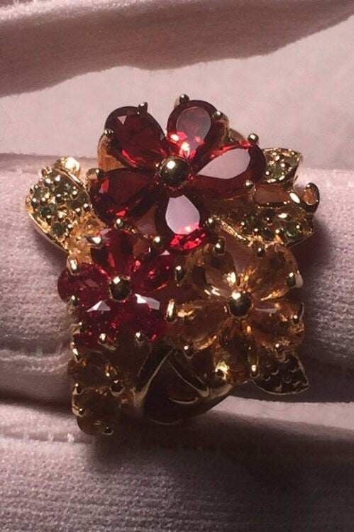 Vintage Genuine Deep Red Bohemian Garnet 925 Sterling Silver Flower Ring