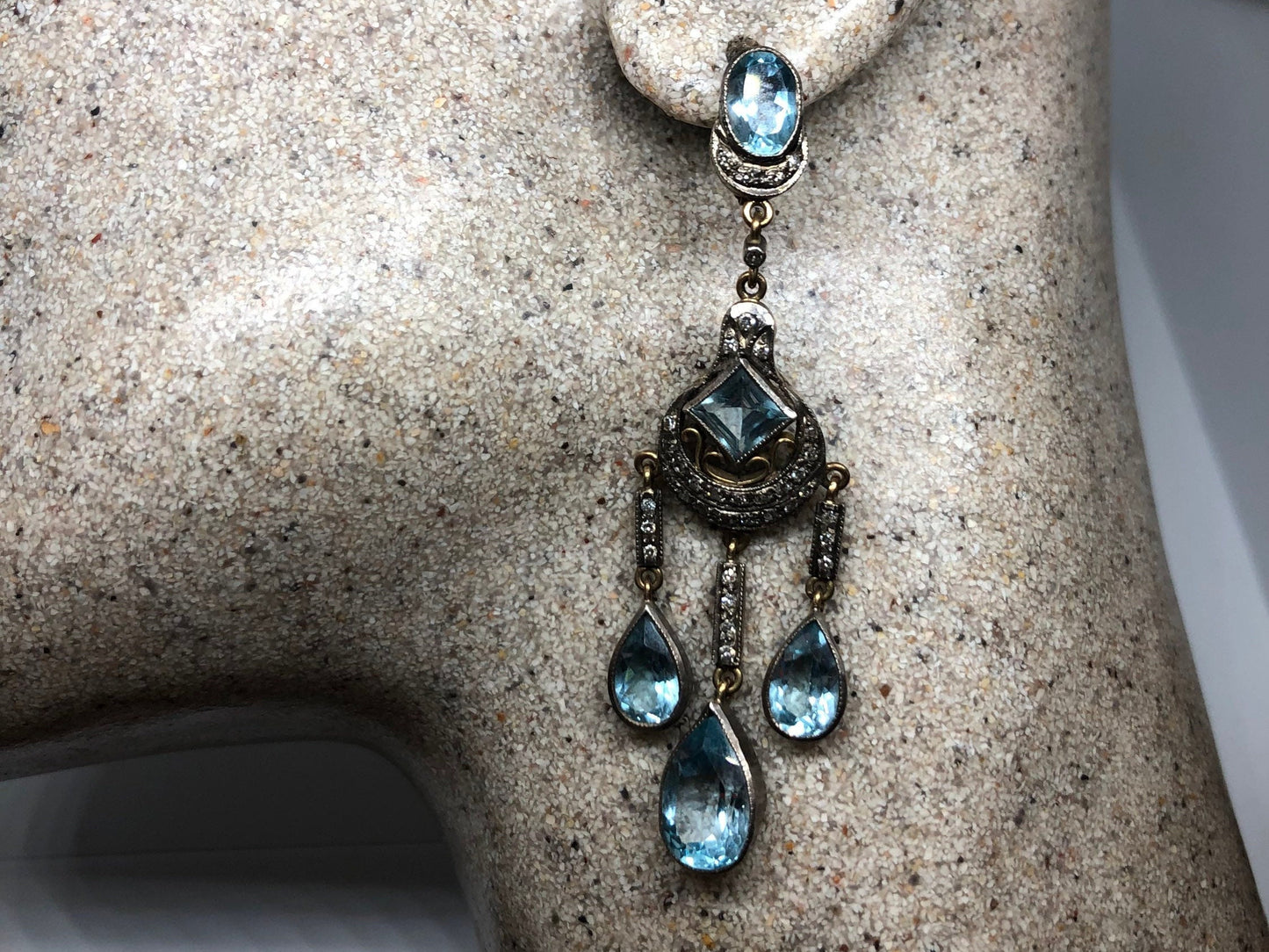 Vintage Blue Topaz Diamond Earrings 925 Sterling Silver Chandelier Shoulder Duster