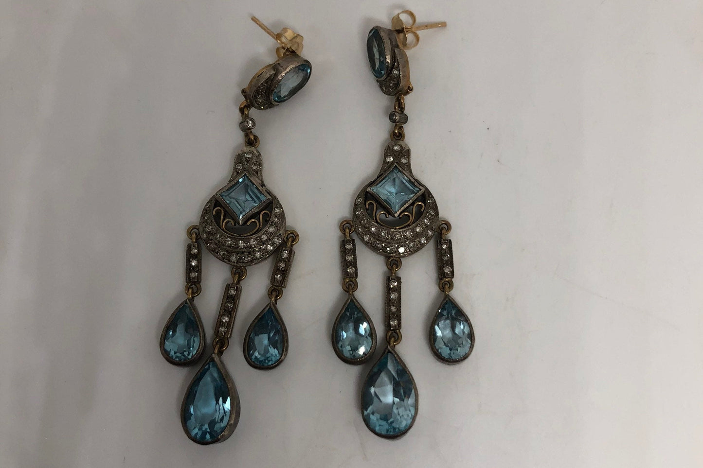 Vintage Blue Topaz Diamond Earrings 925 Sterling Silver Chandelier Shoulder Duster