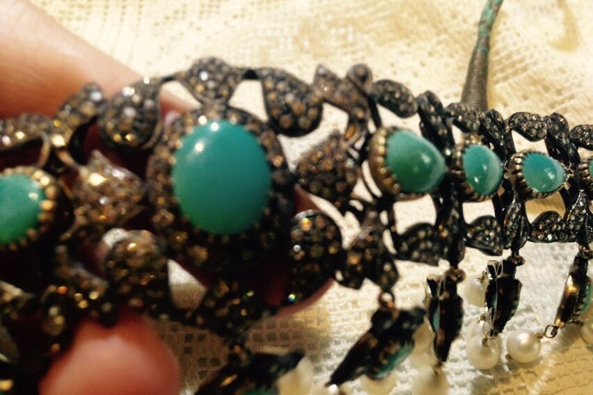 Vintage Handmade Kundon Diamond Gemstone Dramatic Statement Persian Turquoise Necklace Choker