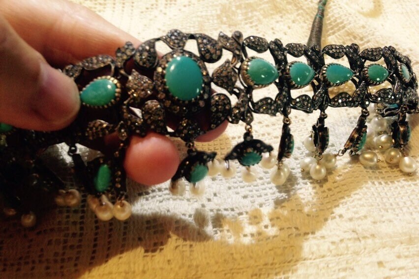 Vintage Handmade Kundon Diamond Gemstone Dramatic Statement Persian Turquoise Necklace Choker