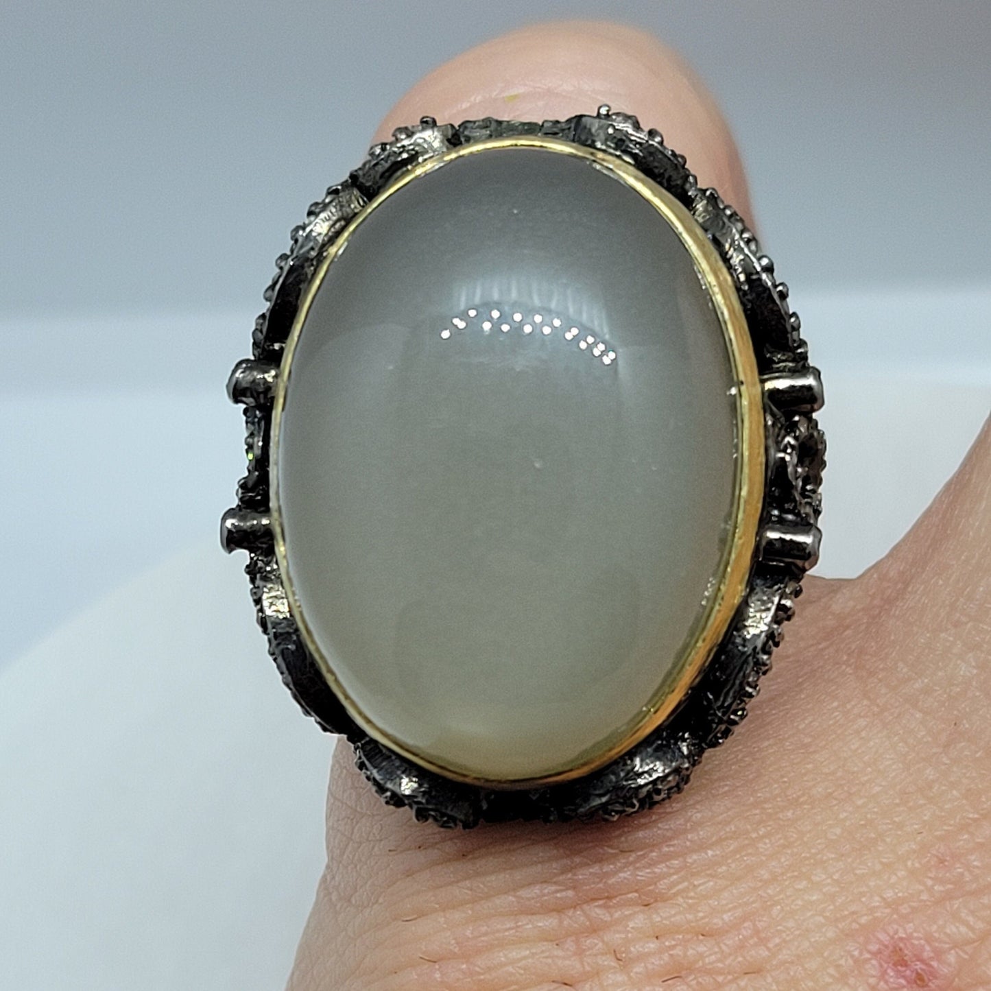 Vintage White Moonstone with Diamonds in 925 Sterling Silver and 18k Gold Ring Genuine Moonstone Genuine Diamond Revival Collection