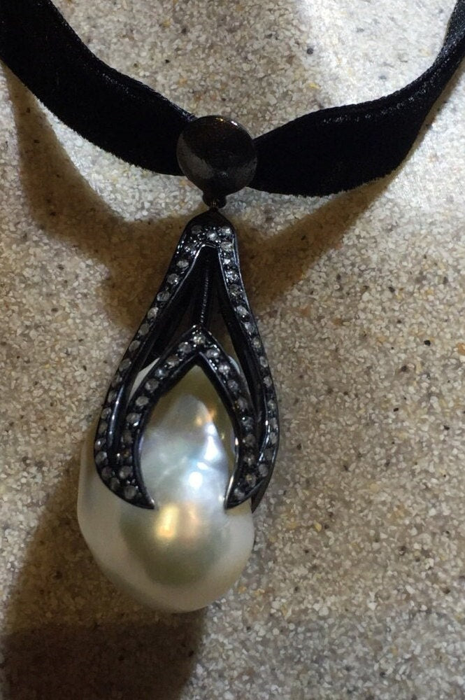 Vintage Black Rhodium 925 Sterling Silver Genuine Diamond White Pearl Necklace