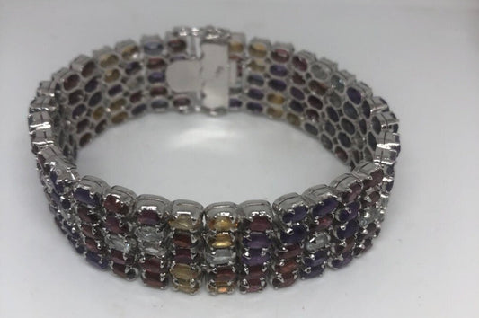 Handmade Genuine Mixed Gemstone in 925 Sterling Silver Tennis Bracelet