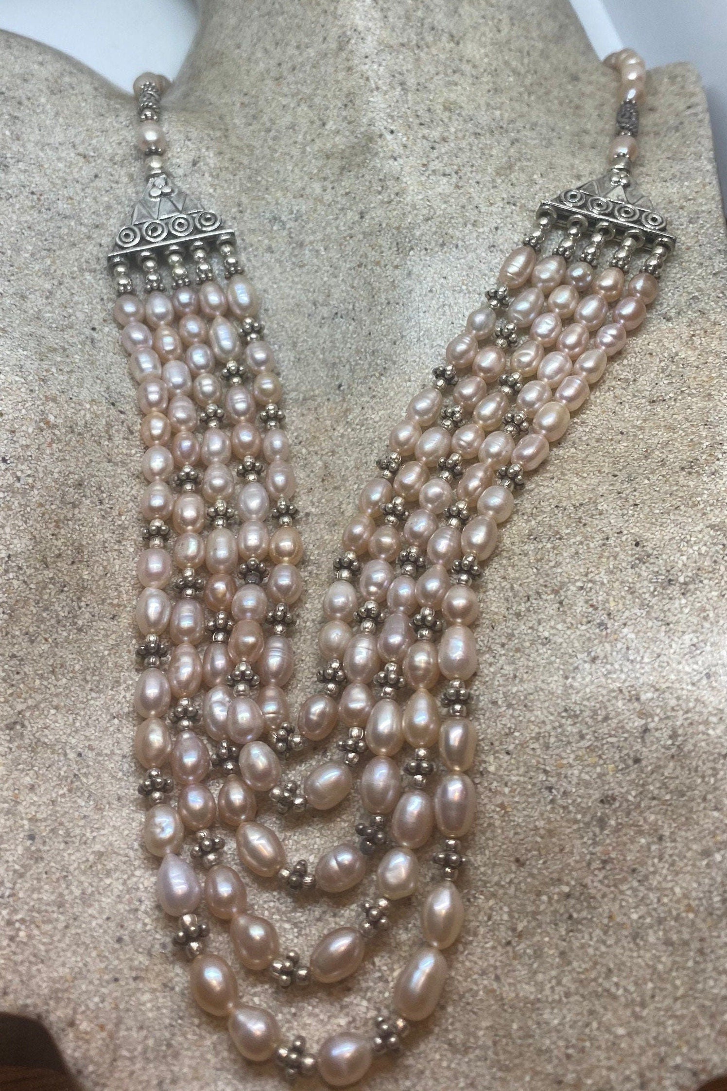 Vintage Moroccan Pink Pearl Necklace Genuine White Pearl with 925 Sterling Silver