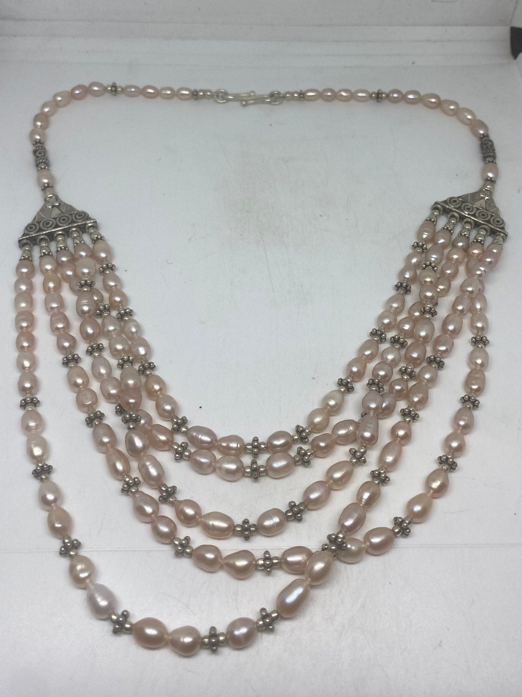 Vintage Moroccan Pink Pearl Necklace Genuine White Pearl with 925 Sterling Silver