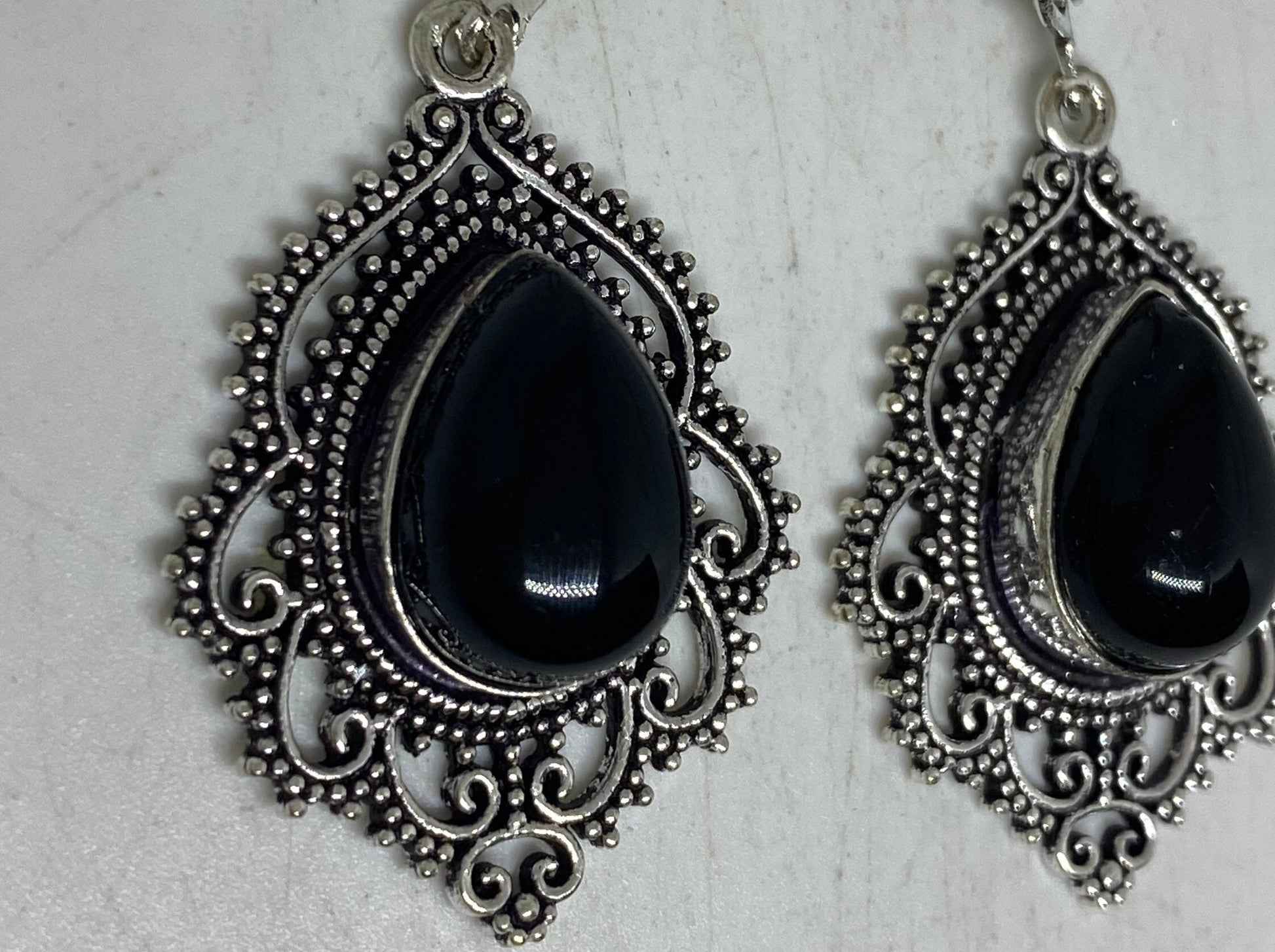 Vintage Genuine Black Onyx 925 Sterling Silver Deco Dangle Earrings