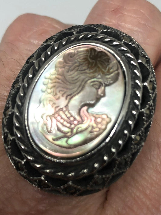 Antique White Mother of Pearl Cameo Marcasite Filigree Ring