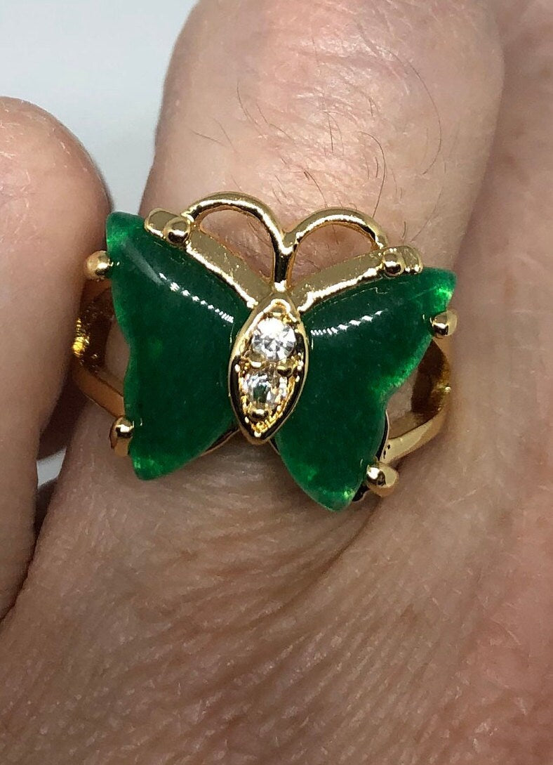 Vintage Lucky Green Nephrite Jade Butterfly Ring