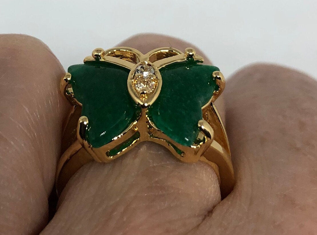 Vintage Lucky Green Nephrite Jade Butterfly Ring