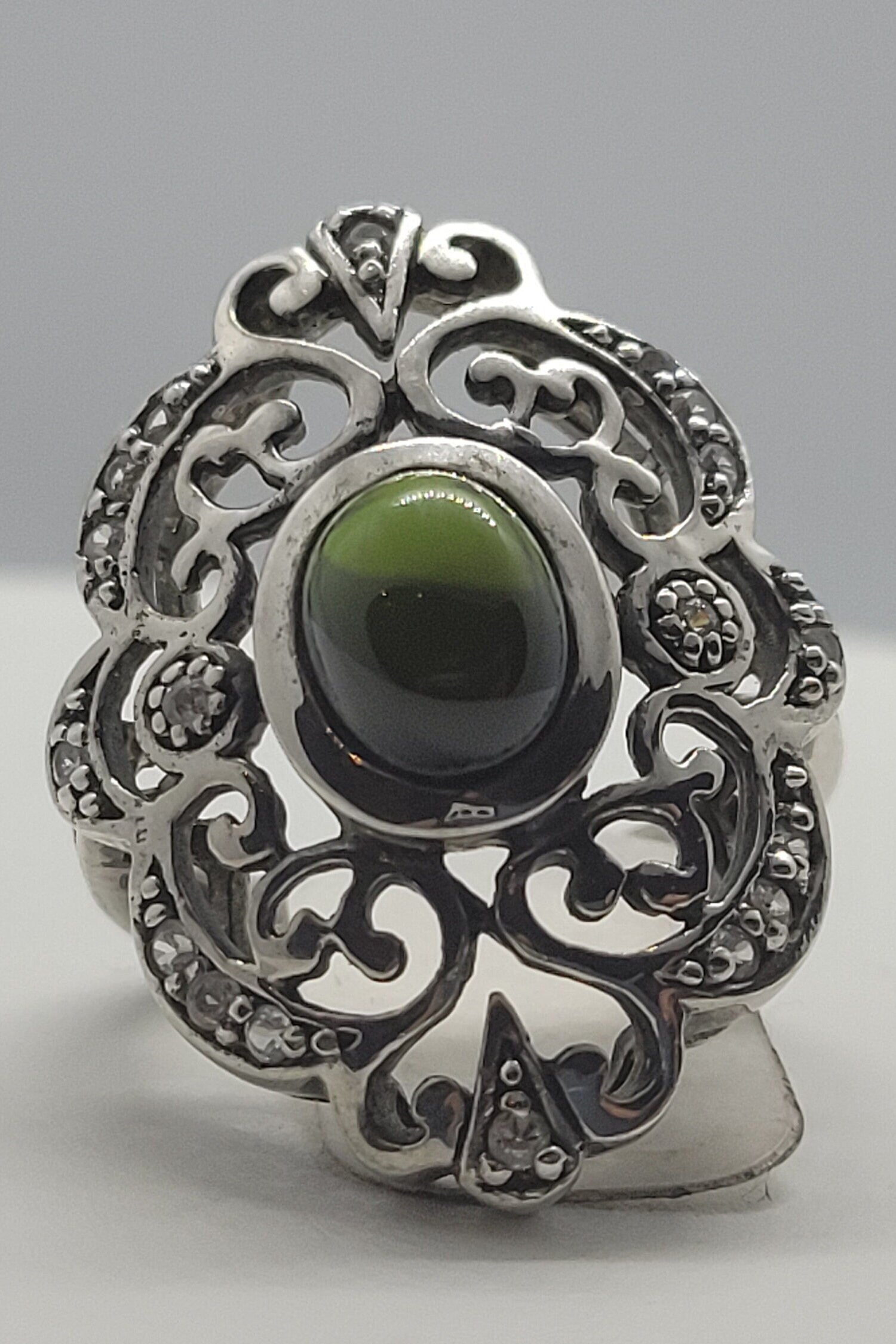 Vintage Green Tourmaline with White Sapphire in 925 Sterling Silver Filigree