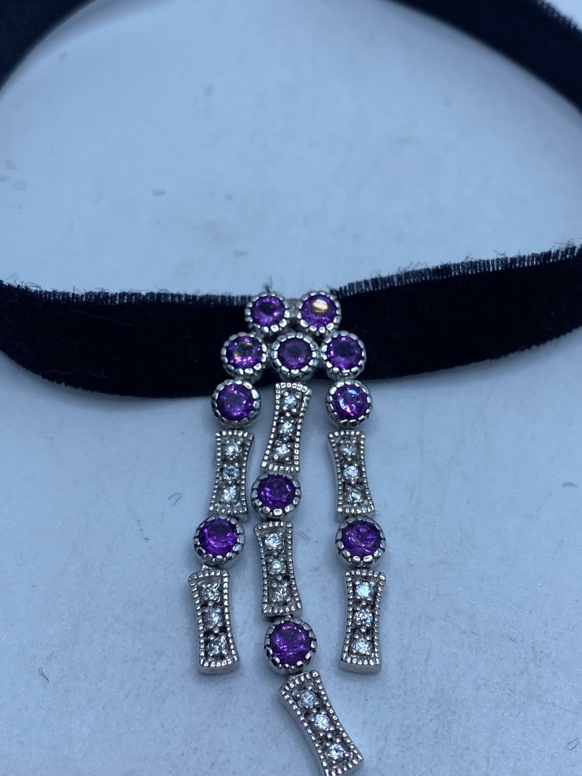 Vintage chandelier Choker 925 Sterling Silver Purple Amethyst Pendant