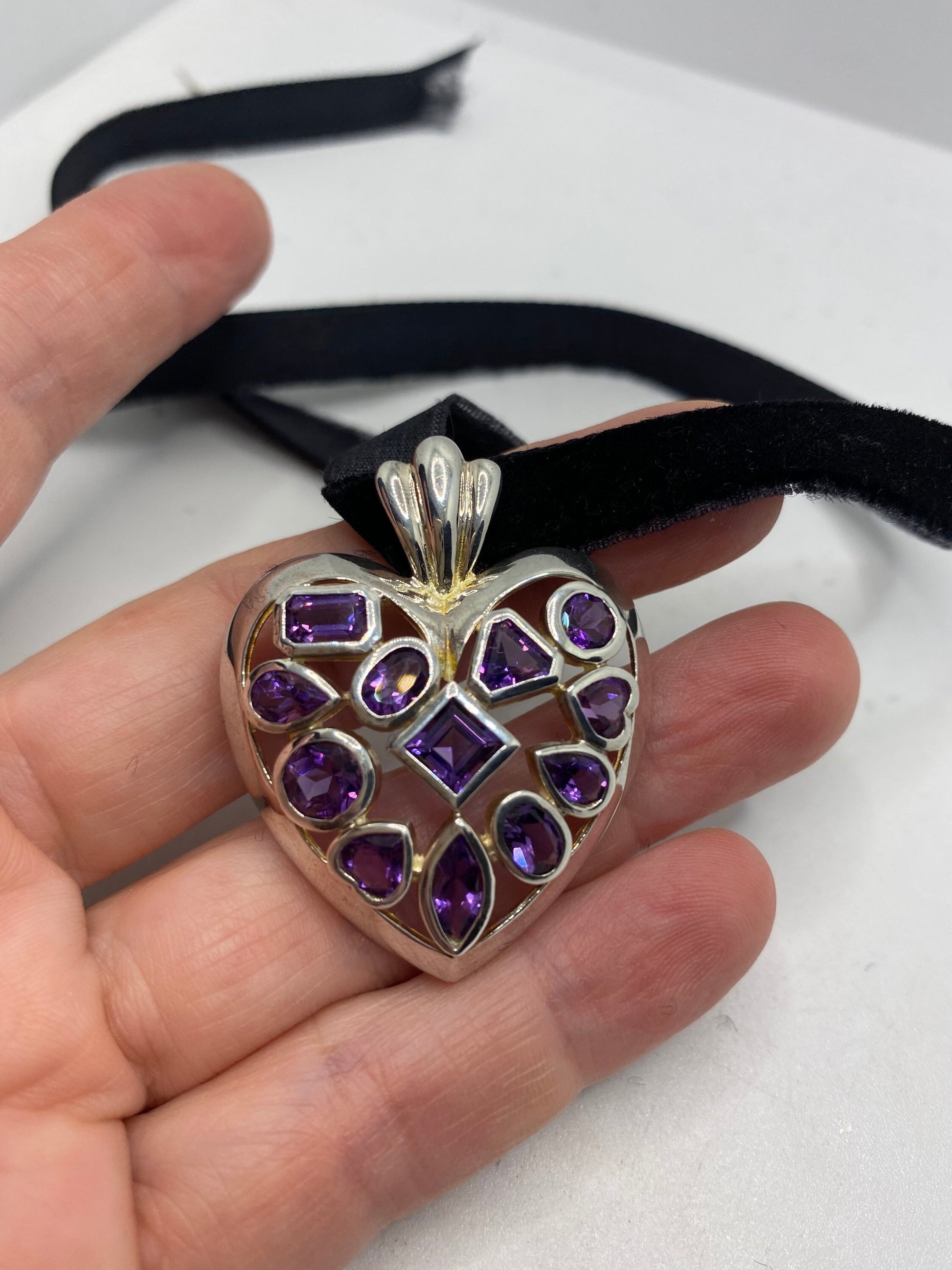 Vintage Heart Choker 925 Sterling Silver Purple Amethyst Pendant