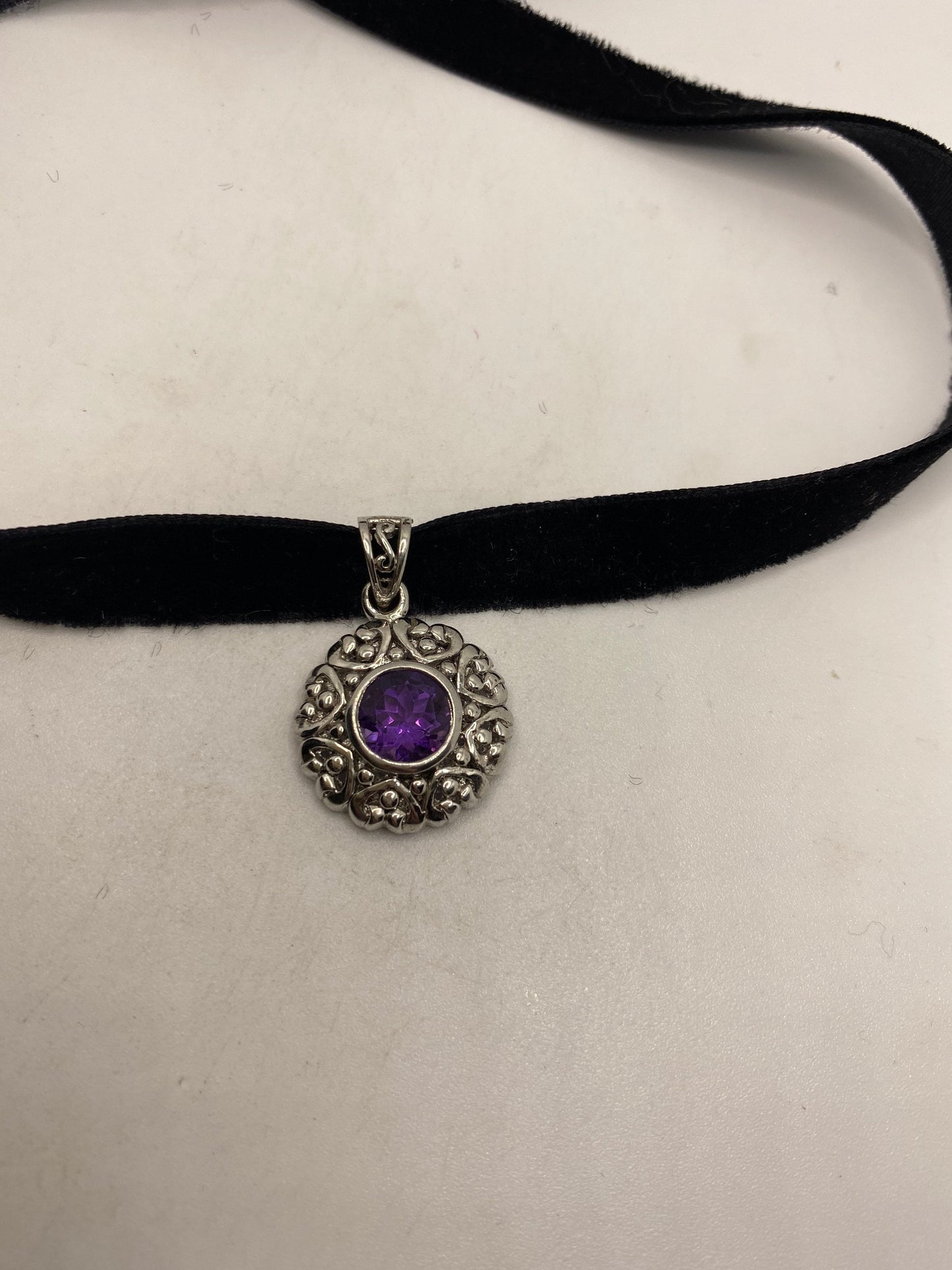 Vintage Choker 925 Sterling Silver Purple Amethyst Pendant