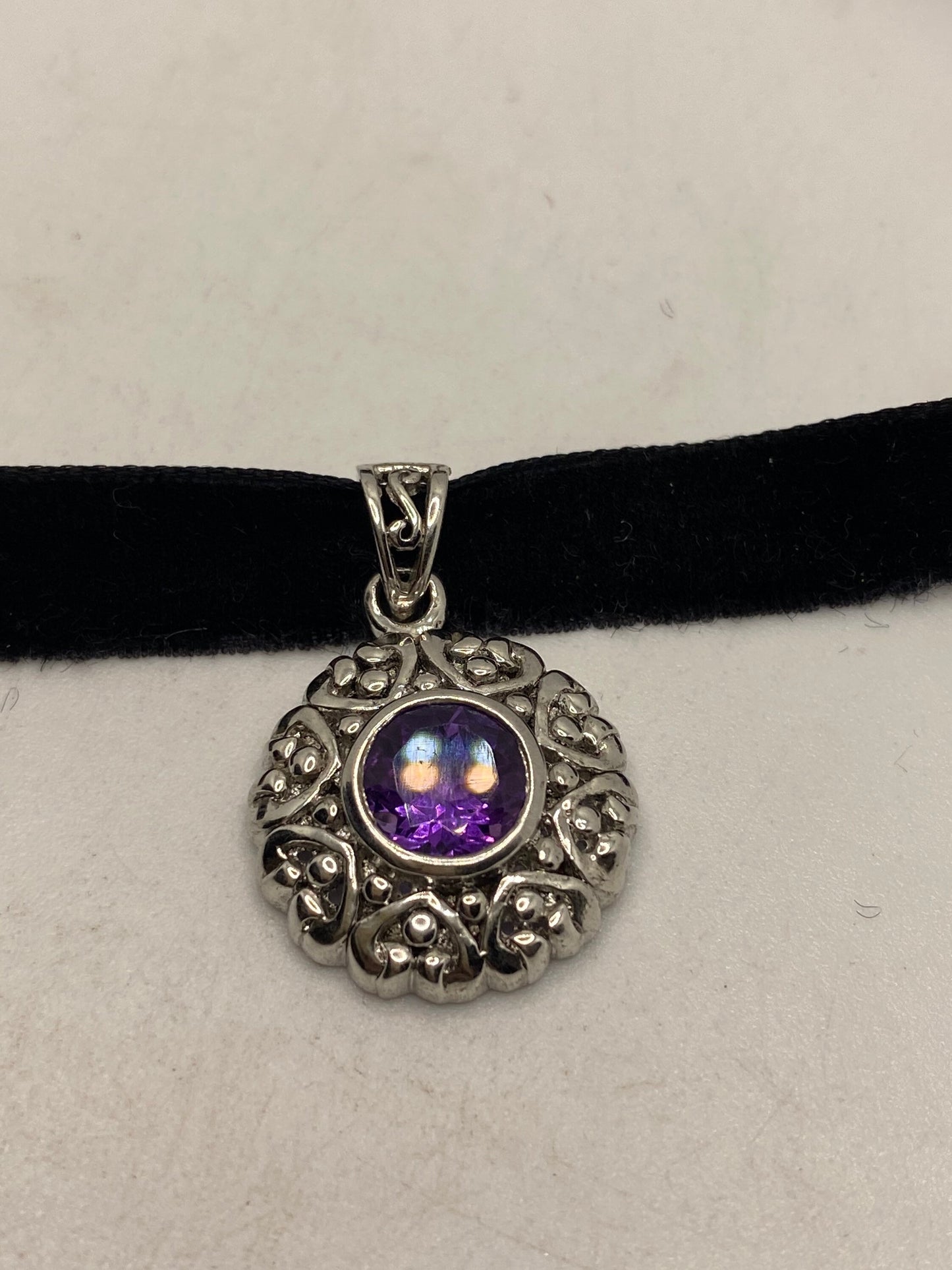 Vintage Choker 925 Sterling Silver Purple Amethyst Pendant