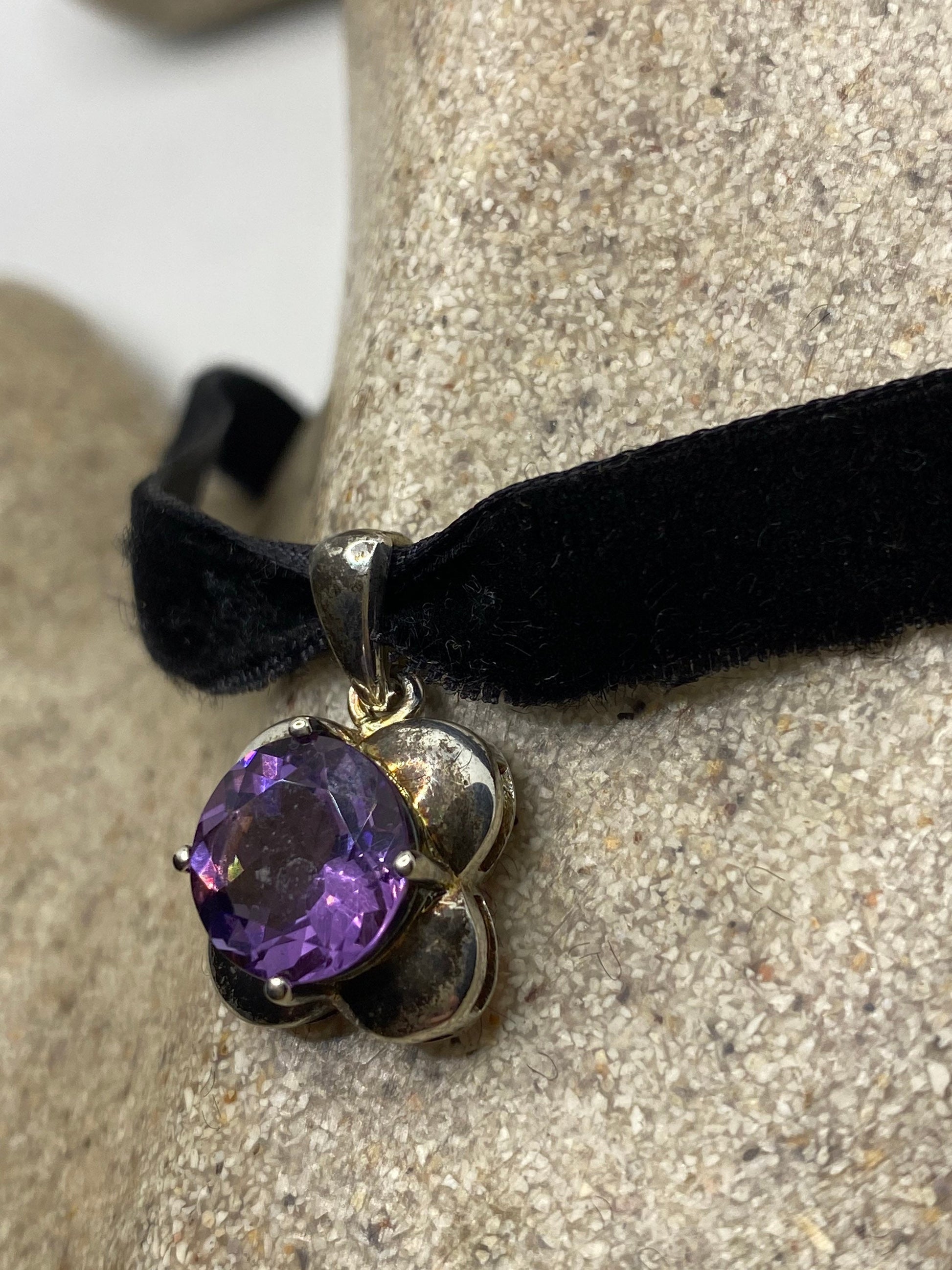 Vintage Choker 925 Sterling Silver Purple Amethyst Pendant