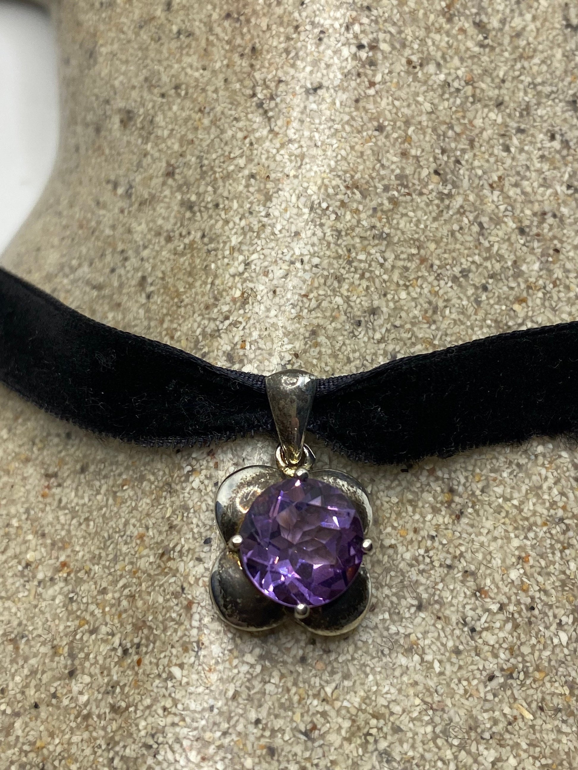 Vintage Choker 925 Sterling Silver Purple Amethyst Pendant