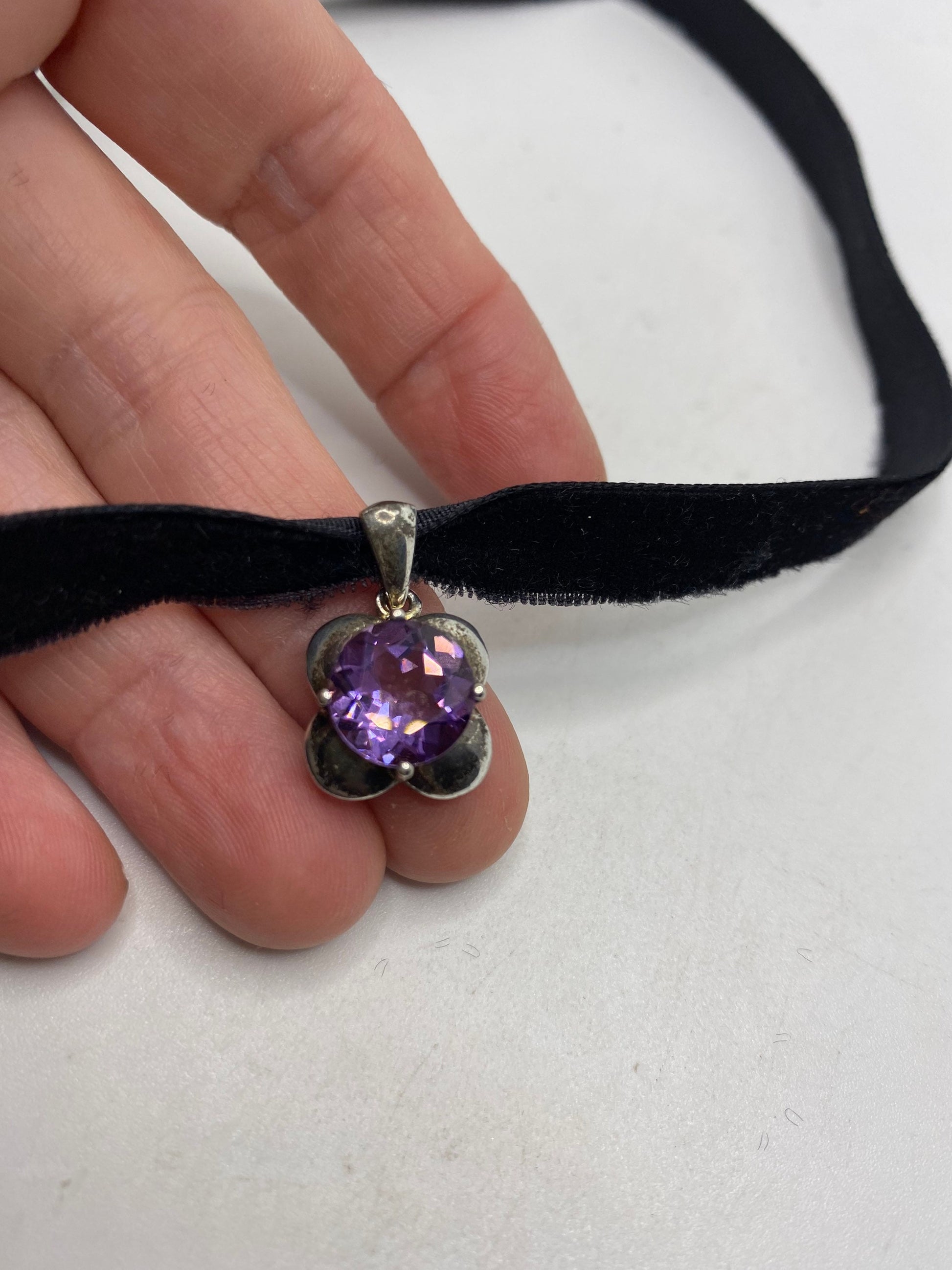 Vintage Choker 925 Sterling Silver Purple Amethyst Pendant