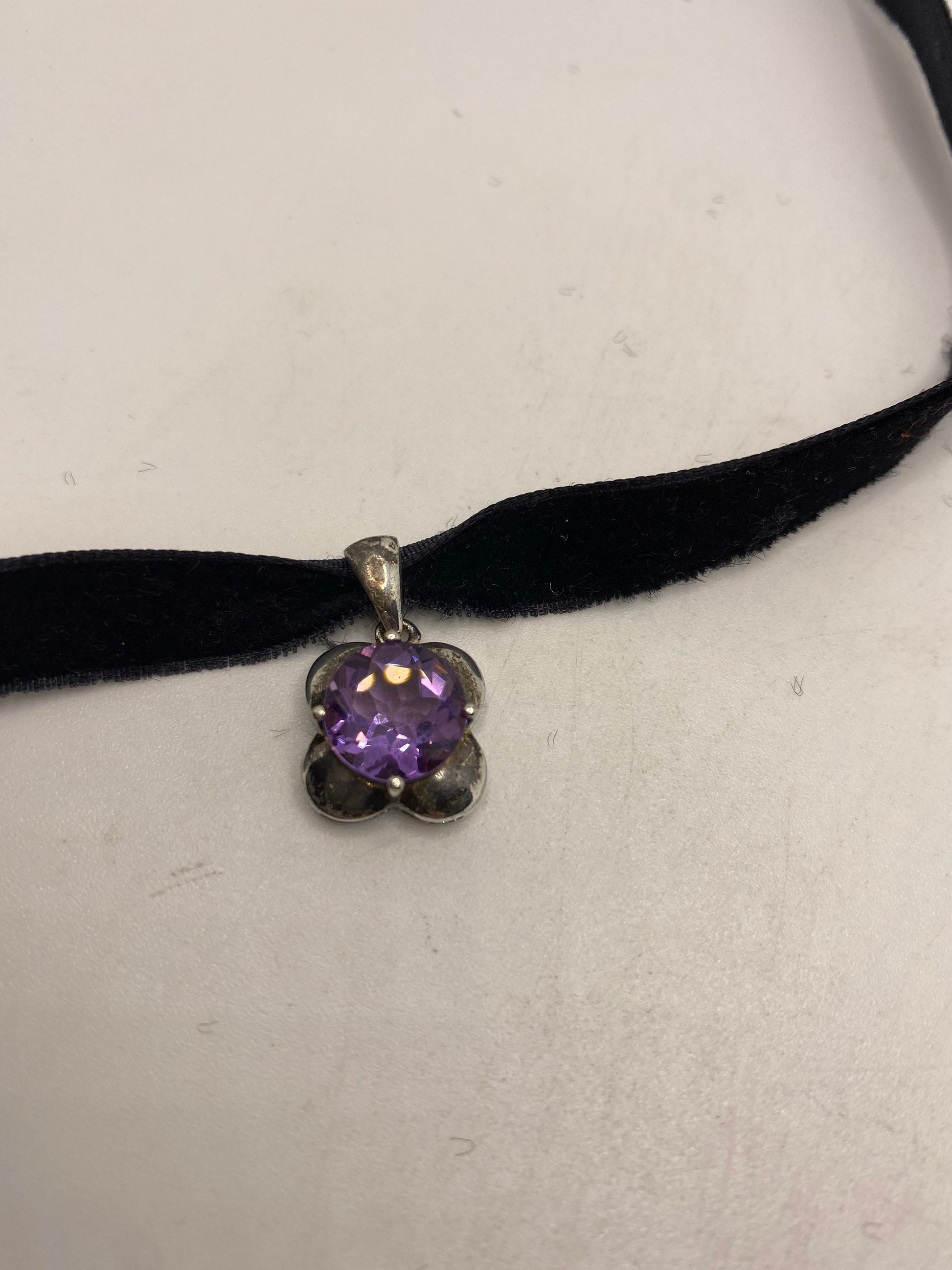 Vintage Choker 925 Sterling Silver Purple Amethyst Pendant