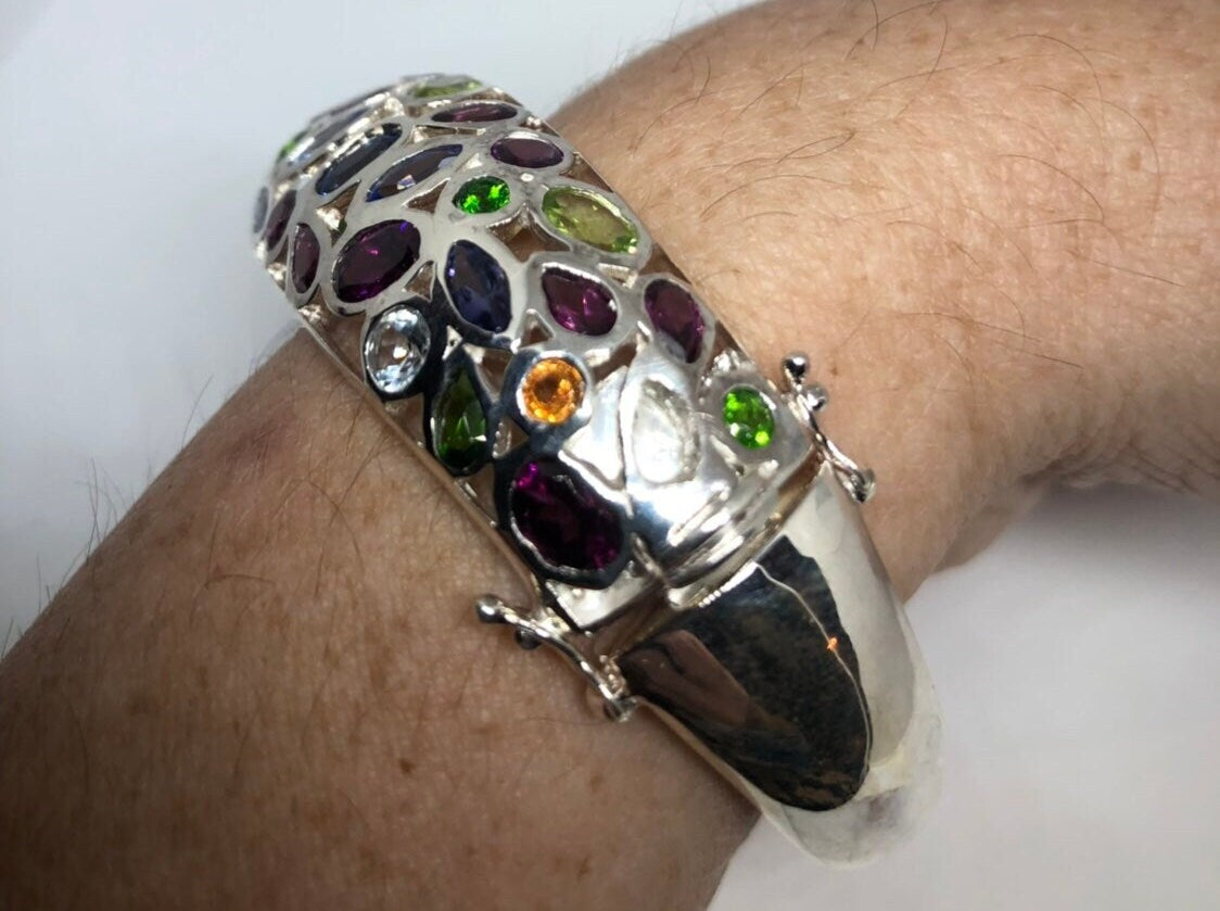 Vintage Mixed Gemstone 925 Sterling Silver Deco Bangle Bracelet