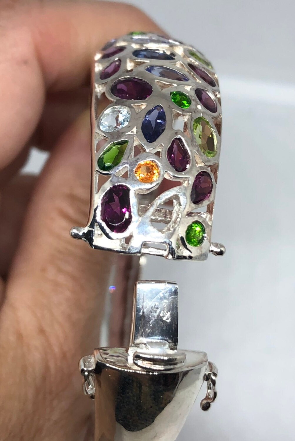 Vintage Mixed Gemstone 925 Sterling Silver Deco Bangle Bracelet