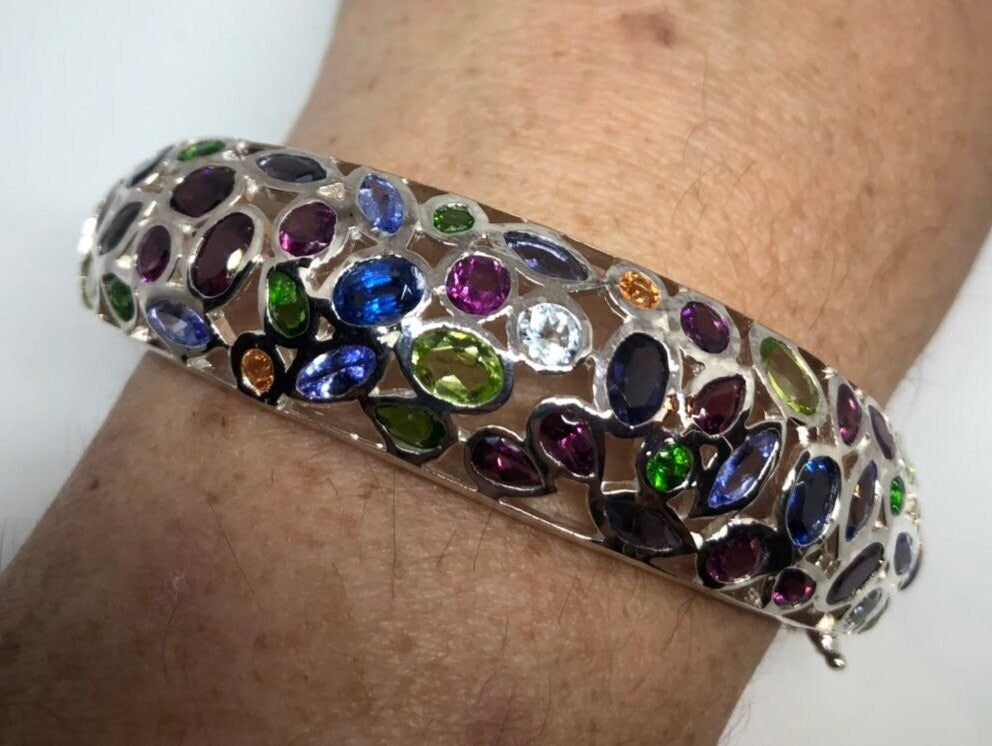 Vintage Mixed Gemstone 925 Sterling Silver Deco Bangle Bracelet