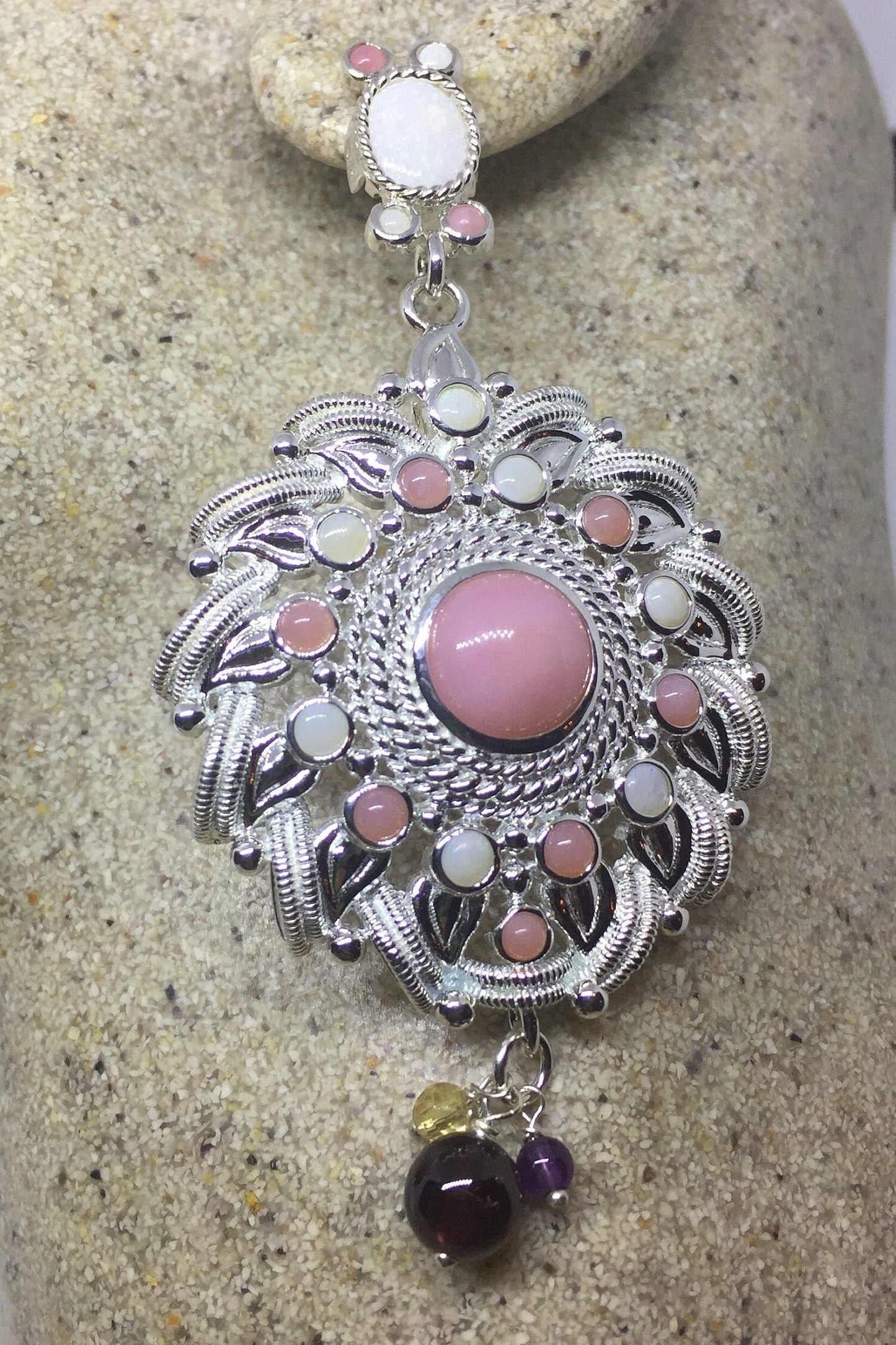 Antique Vintage Pink White Opal 925 Sterling Silver Dangle Chandelier Earrings