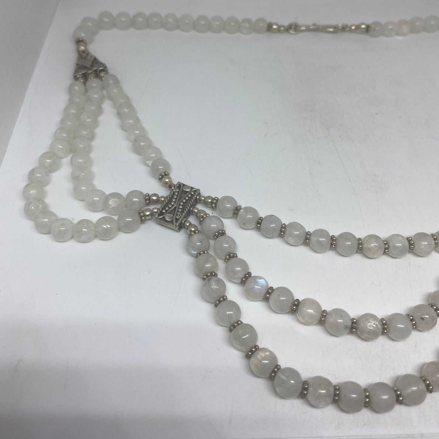 Vintage Moroccan Rainbow Moonstone Crystal Necklace with 925 Sterling Silver